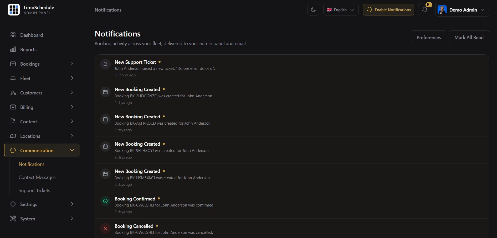 LimoSchedule admin notifications center for booking activity across the fleet