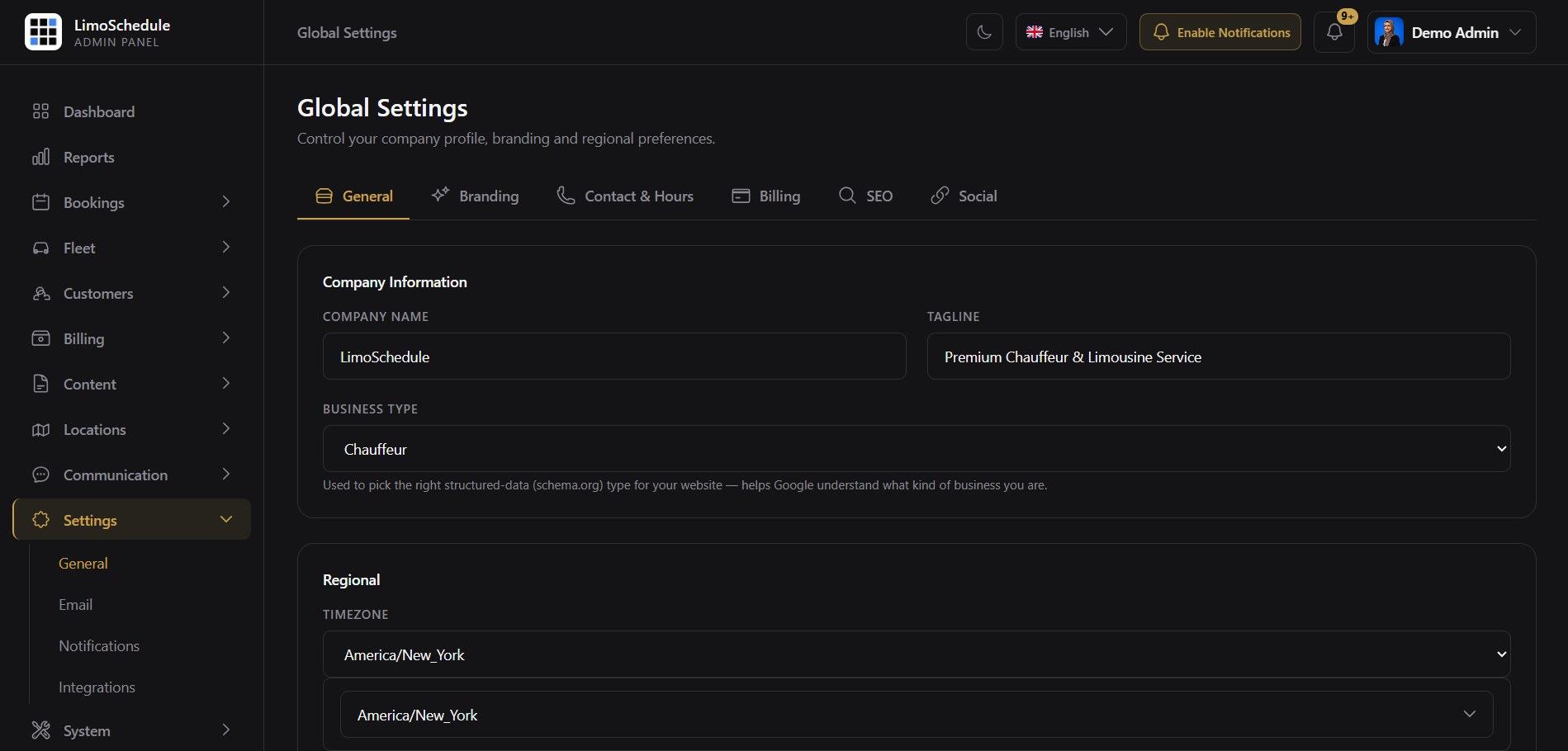 LimoSchedule global settings for company profile, branding and regional preferences