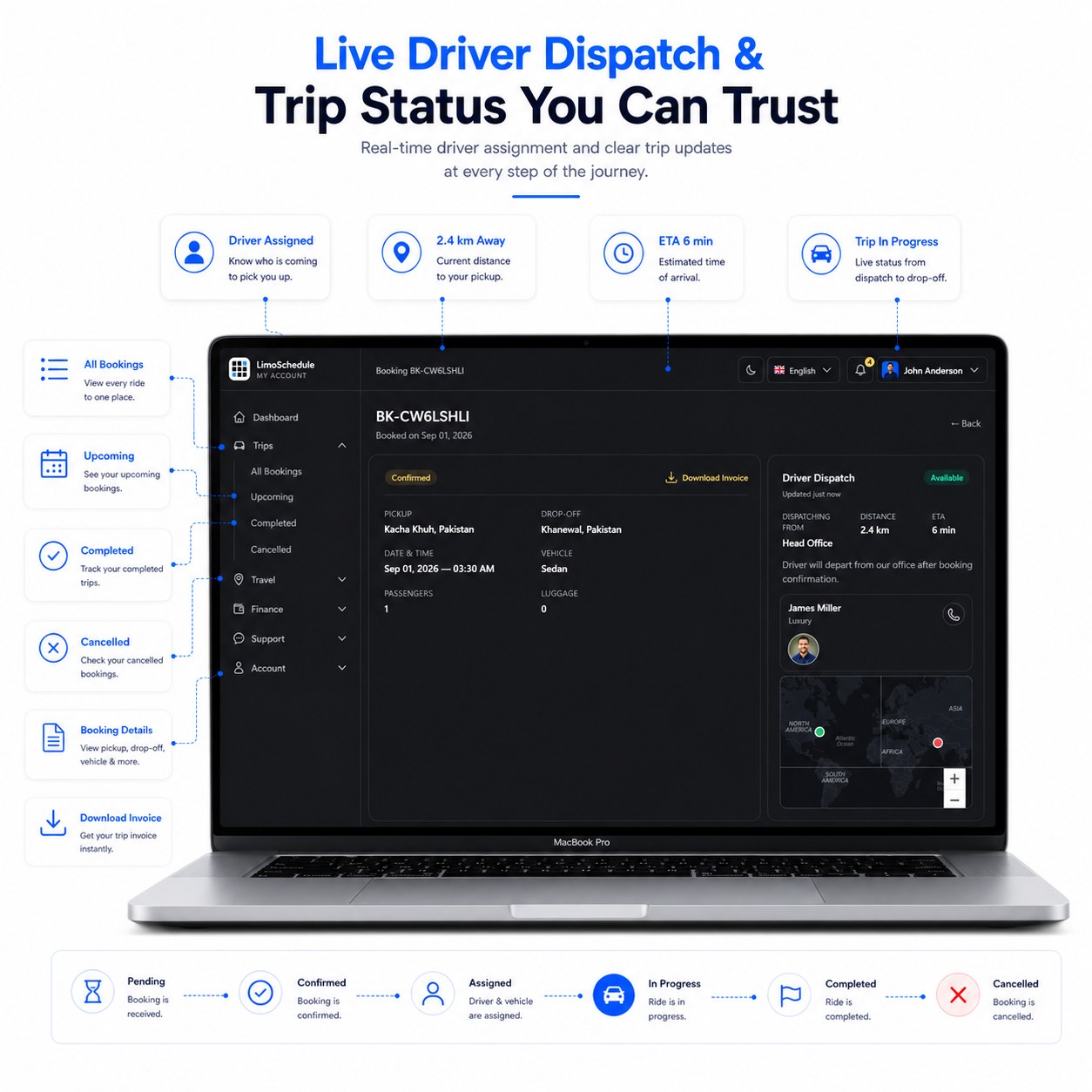 LimoSchedule live driver dispatch showing distance to pickup and estimated arrival time