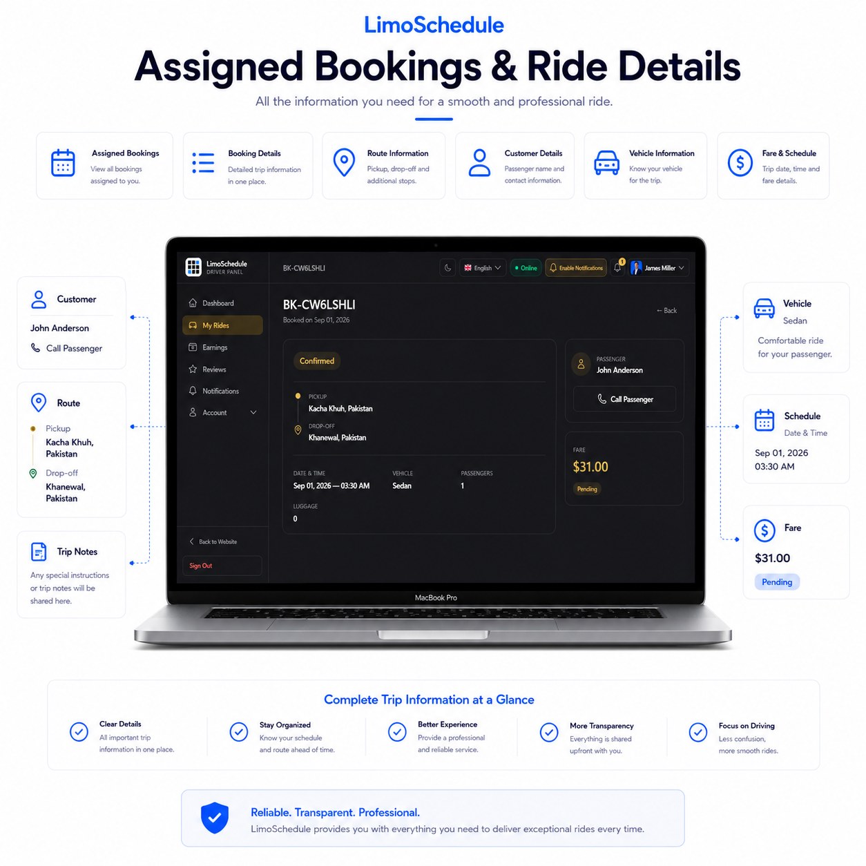 LimoSchedule assigned booking detail with pickup, drop-off, customer, vehicle, date, time and fare