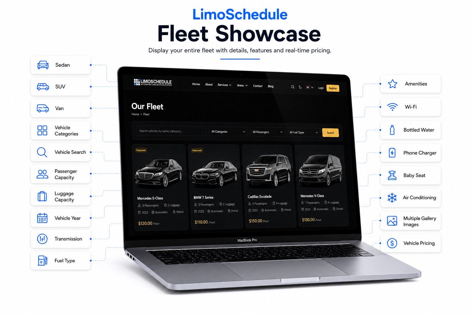 LimoSchedule public fleet page showing vehicle cards with pricing and amenities